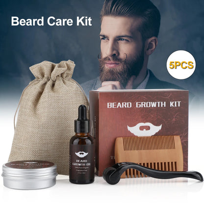 Beard Growth Kit for Men - Essential Oil, Moisturizing Wax, Growth Roller, Comb, and Styling Scissors for Beard Care