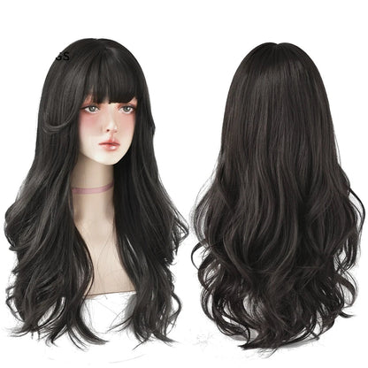 7JHH Popular Brown Ash Long Deep Wave Wig with Bangs for Women