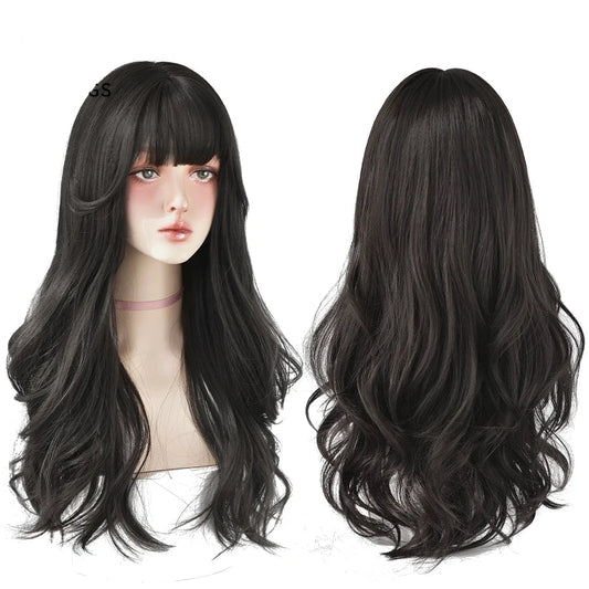 7JHH Popular Brown Ash Long Deep Wave Wig with Bangs for Women