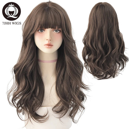7JHH Popular Brown Ash Long Deep Wave Wig with Bangs for Women