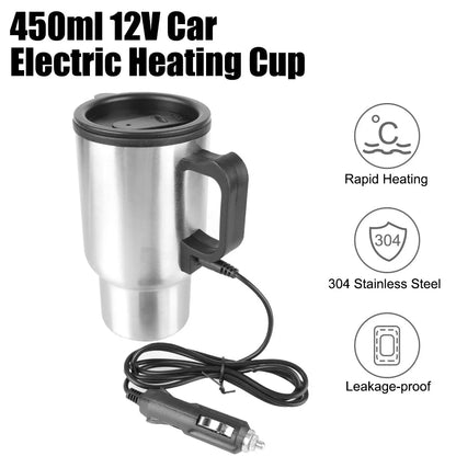 12V 450ml Electric Heating Car Kettle, Stainless Steel Thermal Mug for Travel & Camping