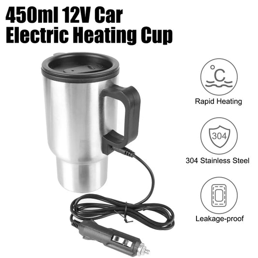 12V 450ml Electric Heating Car Kettle, Stainless Steel Thermal Mug for Travel & Camping