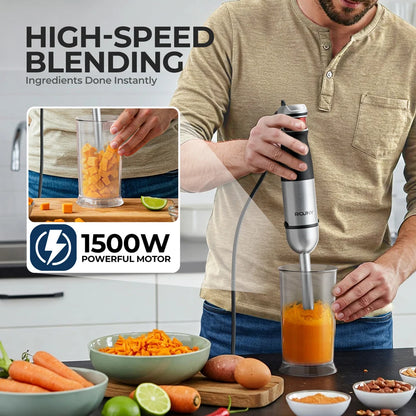 6-in-1 Electric Handheld Stick Blender - Stainless Steel Blades, 1500W for Home & Kitchen