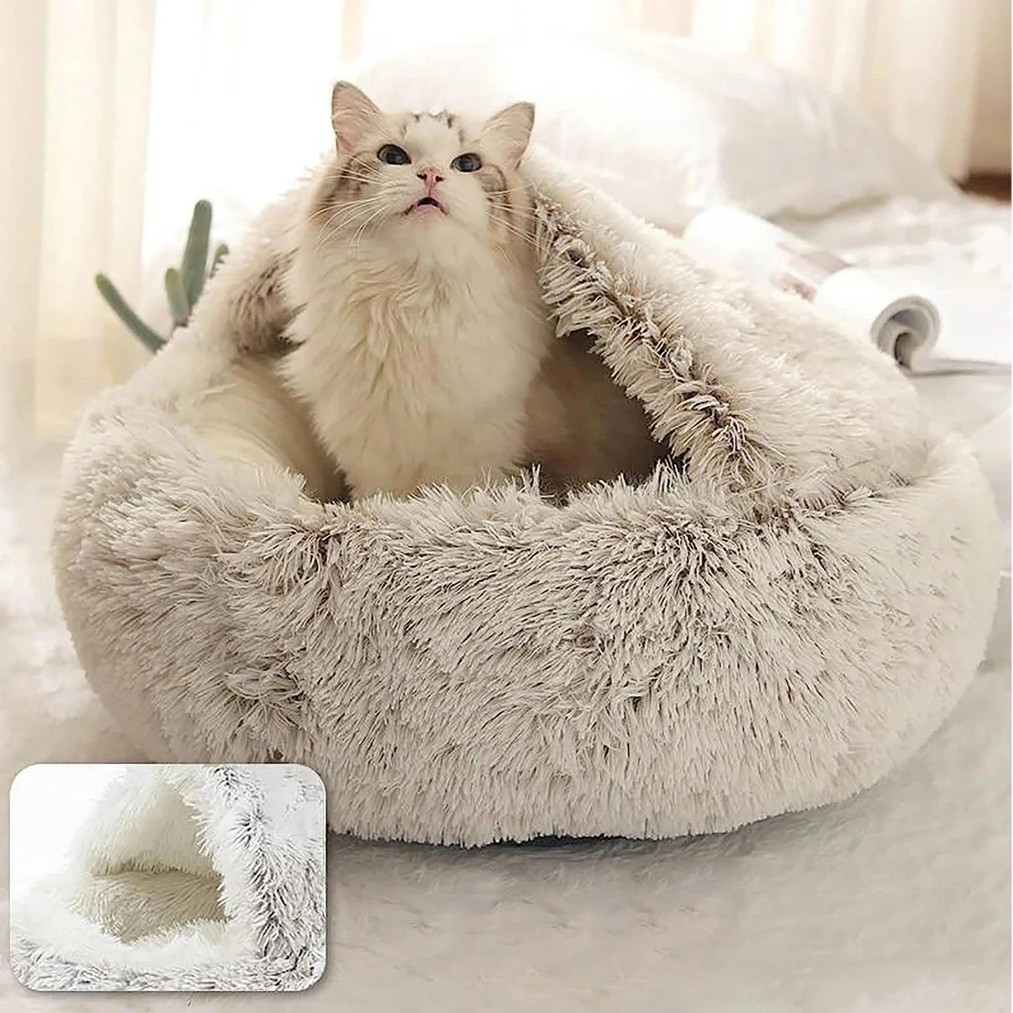 Plush Hooded Pet Bed – 2-in-1 Fluffy Sleeping Nest for Cats & Small Dogs