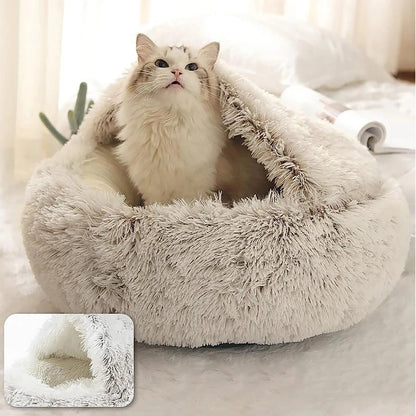 Plush Hooded Pet Bed – 2-in-1 Fluffy Sleeping Nest for Cats & Small Dogs