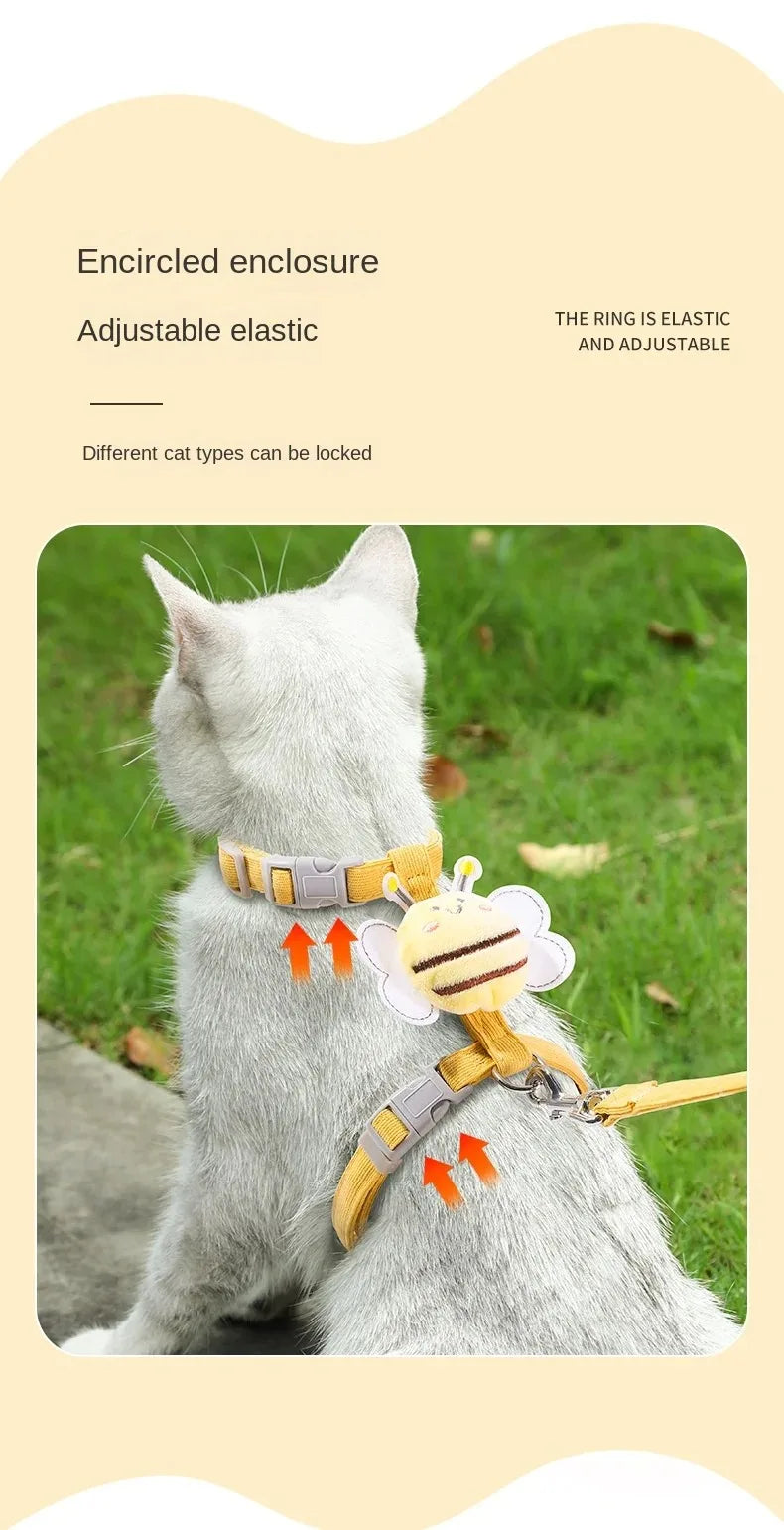 Adjustable Cat Harness, Leash & Collar Set with Cartoon Bee Design for Small & Medium Pets