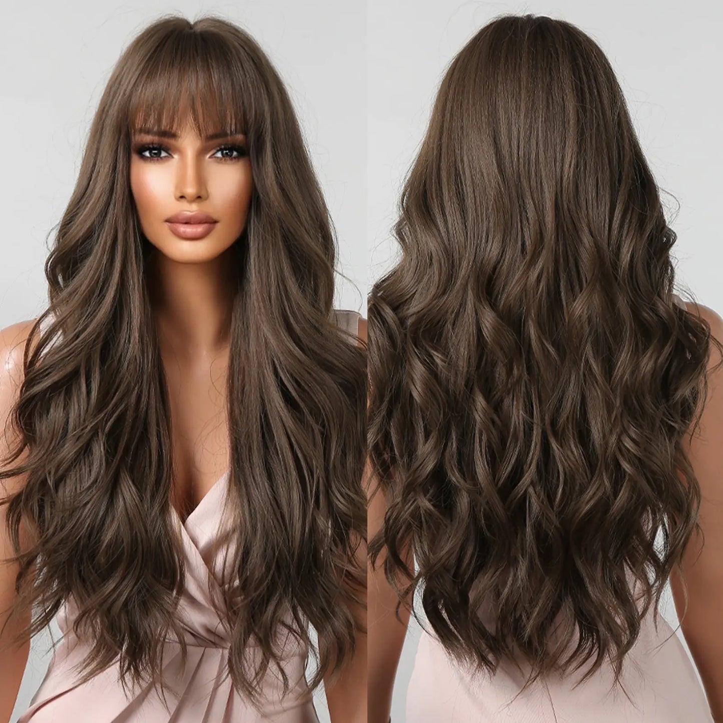 Brown Wavy Wig with Bangs for Women Heat-Resistant Synthetic Hair Cosplay