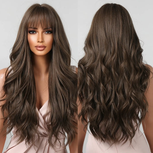 Brown Wavy Wig with Bangs for Women Heat-Resistant Synthetic Hair Cosplay