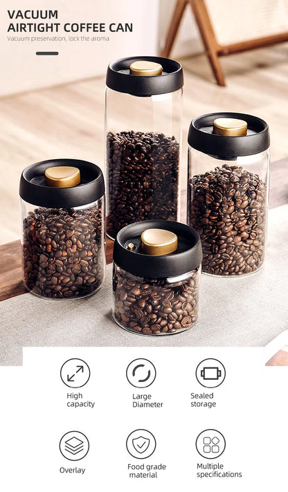Vacuum Sealed Coffee Bean Storage Jar - Glass Food & Tea Fresh Storage Bottle for Kitchen