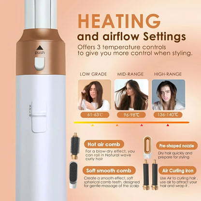 5-in-1 Low Noise Hair Styler - Professional Hair Curling, Straightening, Drying Hot Air Brushes, 1000W
