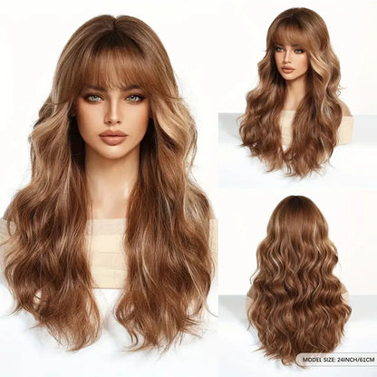 Brown Wavy Wig with Bangs for Women Heat-Resistant Synthetic Hair Cosplay