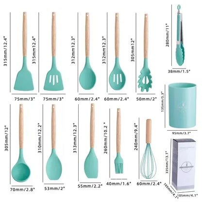 12Pcs Silicone Cooking Utensils Set with Wooden Handle, Non-Stick Kitchen Tools