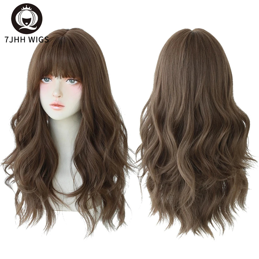 7JHH Popular Brown Ash Long Deep Wave Wig with Bangs for Women