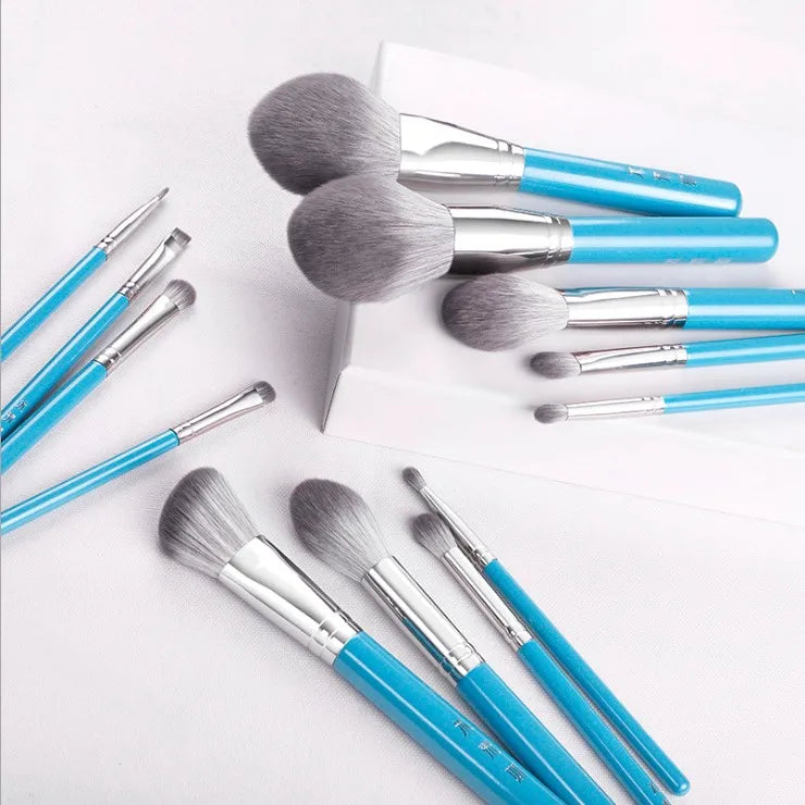 13pcs Blue Makeup Brush Set – Powder, Blusher, Eyeshadow, Eyebrow & Lip Brushes