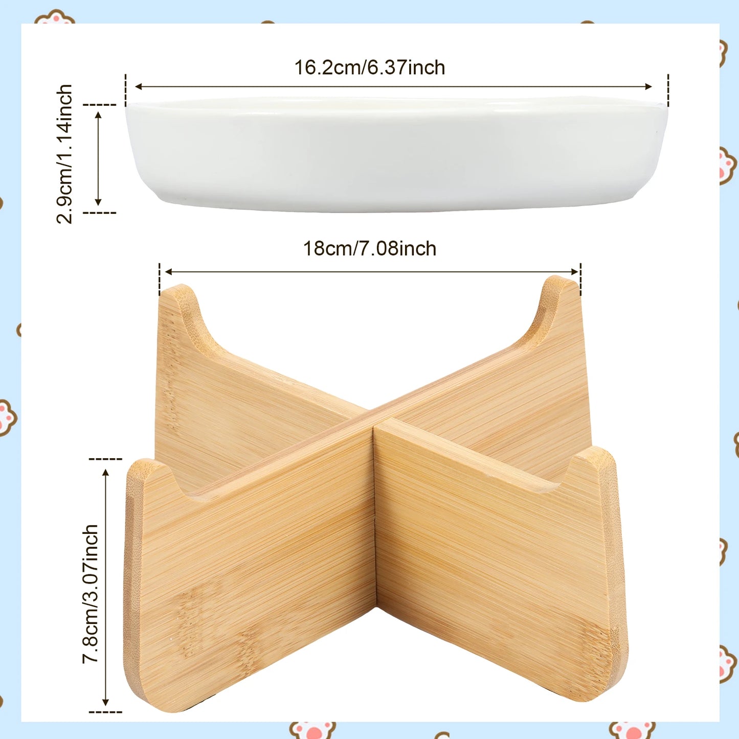 Raised Ceramic Cat Bowl with Wood Stand - Anti-Vomiting Slow Feeder