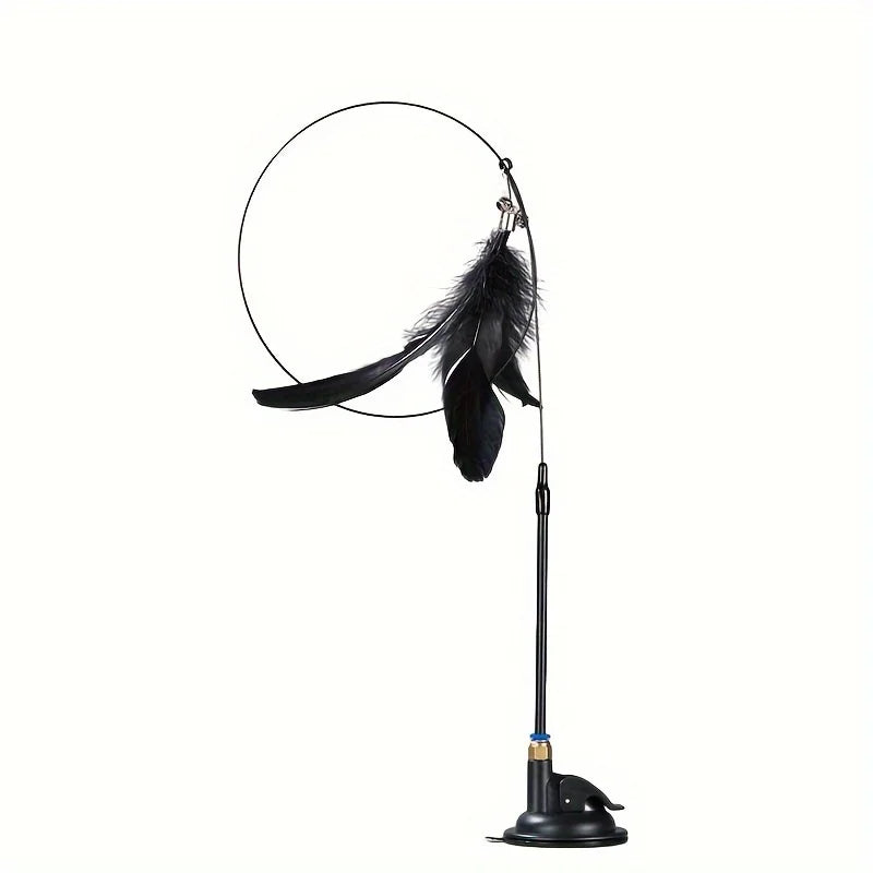 Cat Teaser Toy Interactive Bell & Feather Wand with Long Suction Cup Pole for Playtime Adventures