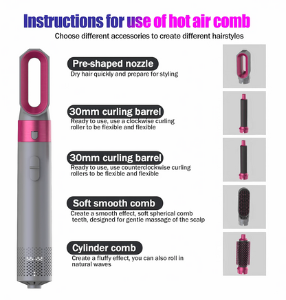 5-in-1 Low Noise Hair Styler - Professional Hair Curling, Straightening, Drying Hot Air Brushes, 1000W