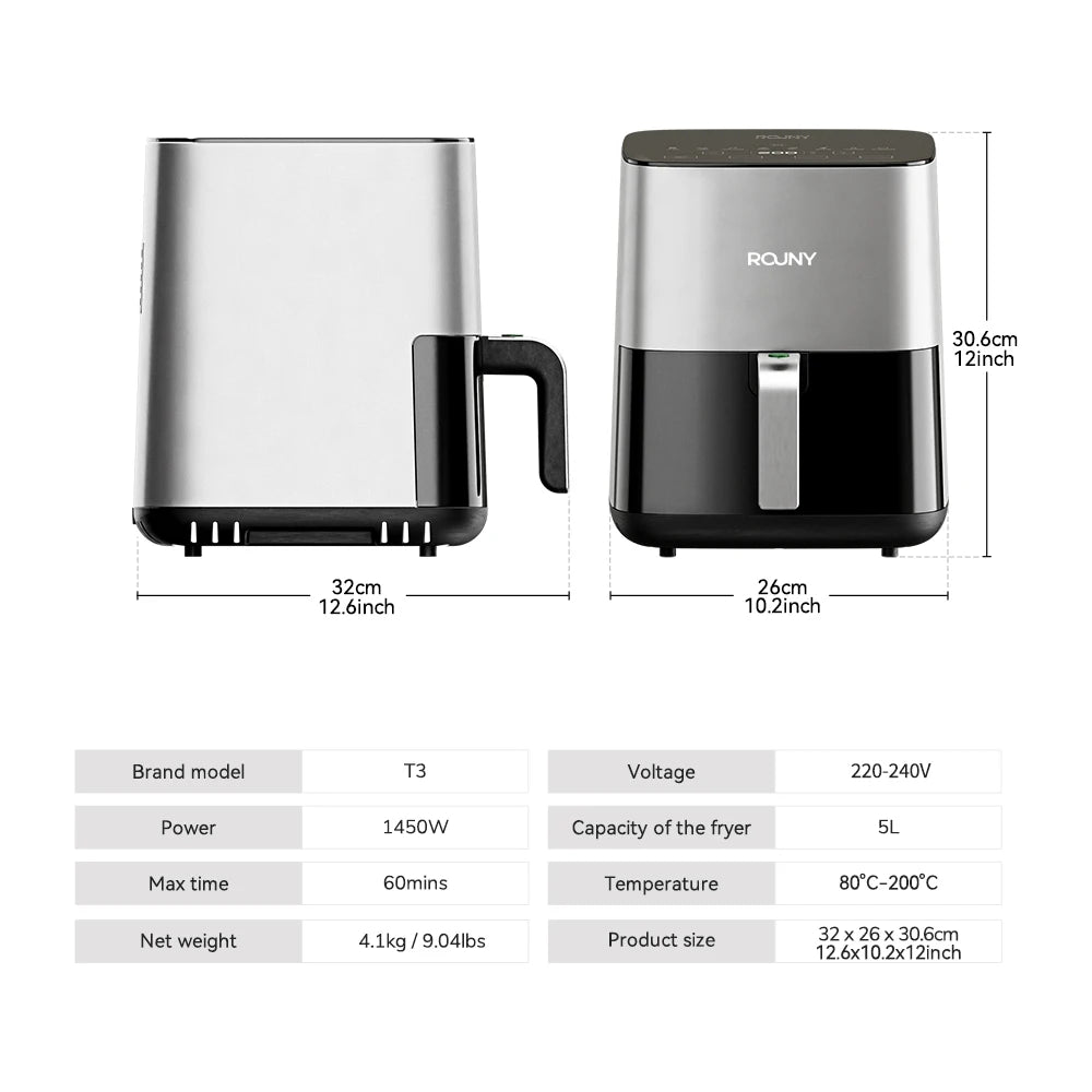 ROUNY 5L Air Fryer, Electric Oilless Cooker with Touch Control & Visible Window