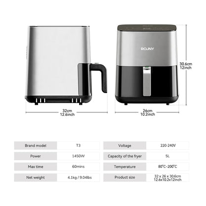 ROUNY 5L Air Fryer, Electric Oilless Cooker with Touch Control & Visible Window