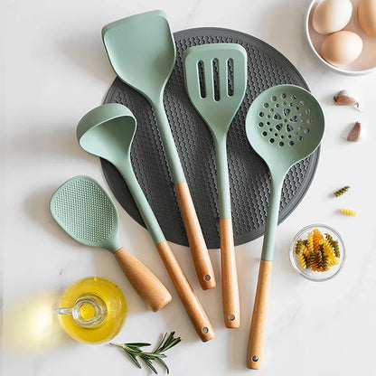 Silicone Spatula with Wooden Handle, Heat-Resistant Non-Stick Cooking Spoon for Kitchen