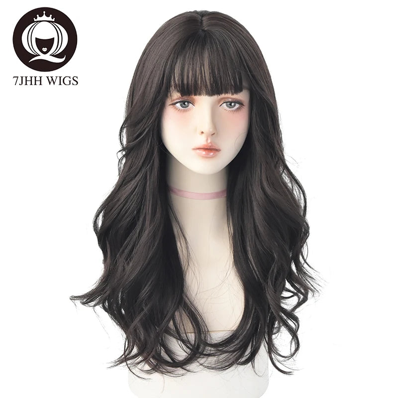 7JHH Popular Brown Ash Long Deep Wave Wig with Bangs for Women