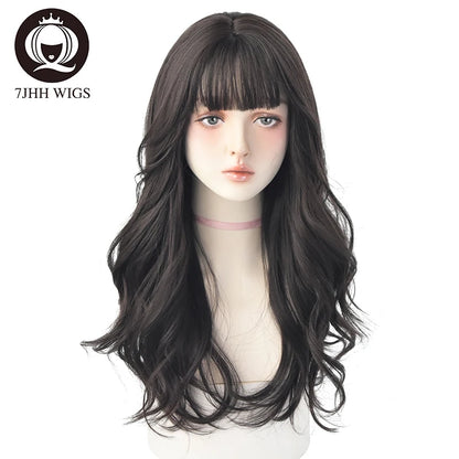7JHH Popular Brown Ash Long Deep Wave Wig with Bangs for Women