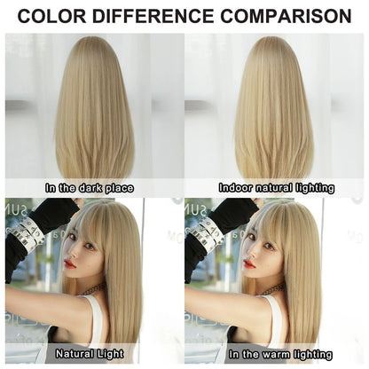 Straight Layered Blonde Wig with Neat Bangs - High Density Synthetic Hair for Women