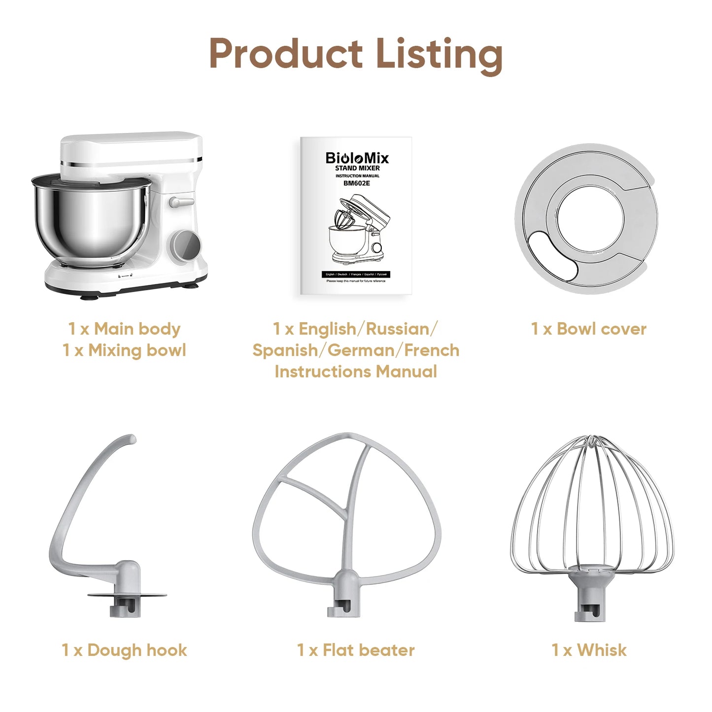 BioloMix 1200W Kitchen Stand Mixer with 11 Speeds, Dough Hook & Whisk, OLED Screen
