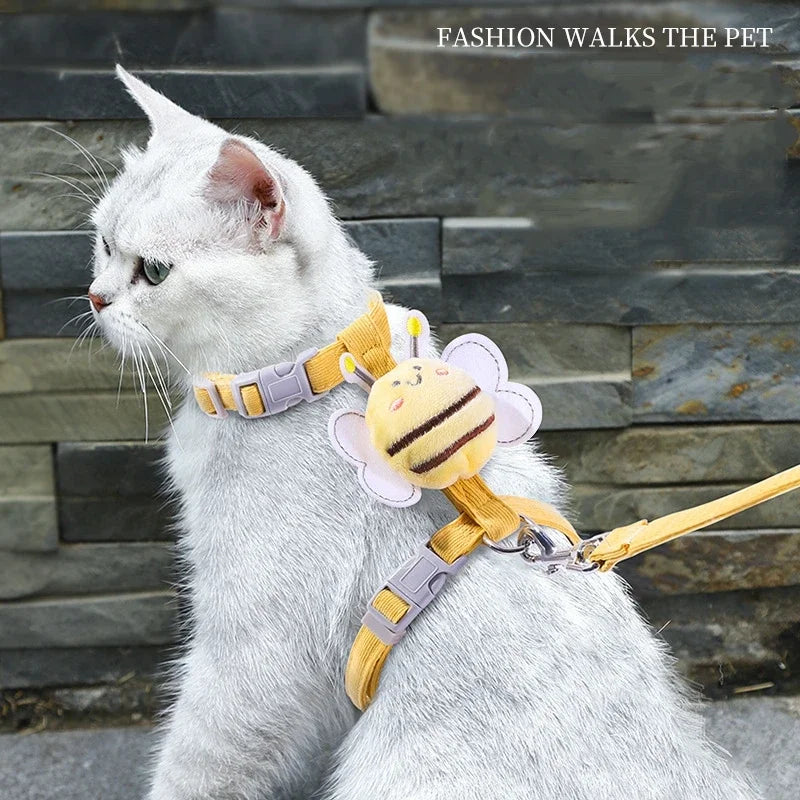 Adjustable Cat Harness, Leash & Collar Set with Cartoon Bee Design for Small & Medium Pets