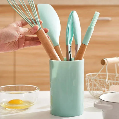 12Pcs Silicone Cooking Utensils Set with Wooden Handle, Non-Stick Kitchen Tools