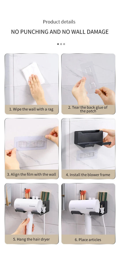 Wall-Mounted Hair Dryer Holder, Organizer Box & Straightener Stand for Bathroom Accessories