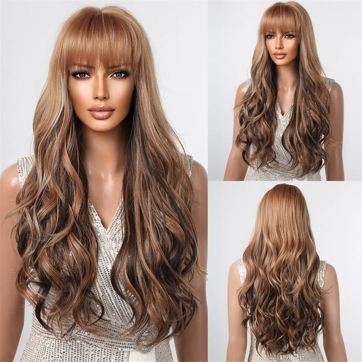 Brown Wavy Wig with Bangs for Women Heat-Resistant Synthetic Hair Cosplay
