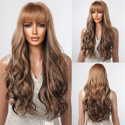 Brown Wavy Wig with Bangs for Women Heat-Resistant Synthetic Hair Cosplay