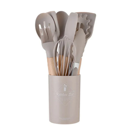 12Pcs Silicone Cooking Utensils Set with Wooden Handle, Non-Stick Kitchen Tools