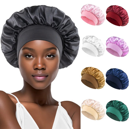 1PC Women's Satin Bonnets - Wide-Brimmed Night Sleeping & Bathing Hat with Elastic Band for Hair Care