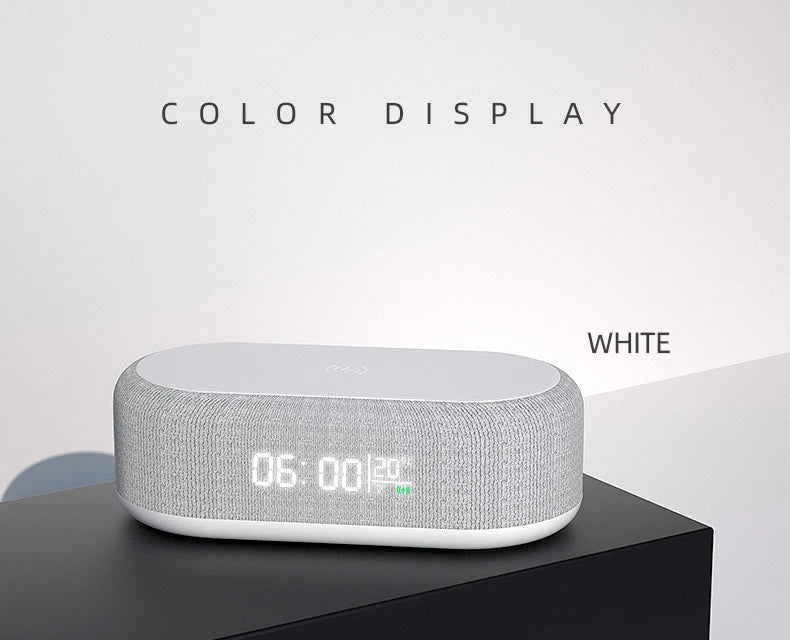 Wireless Charger Alarm Clock - 15W Fast Charging Dock with LED Light, Thermometer & Earphone Stand for iPhone & Samsung