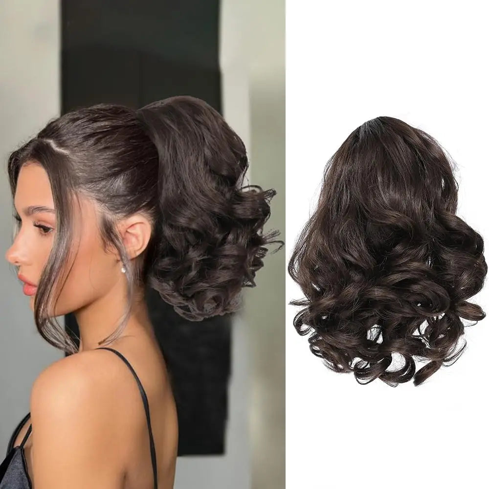 Short Curly Drawstring Ponytail Extensions - Synthetic Clip-in Hair for Daily Use