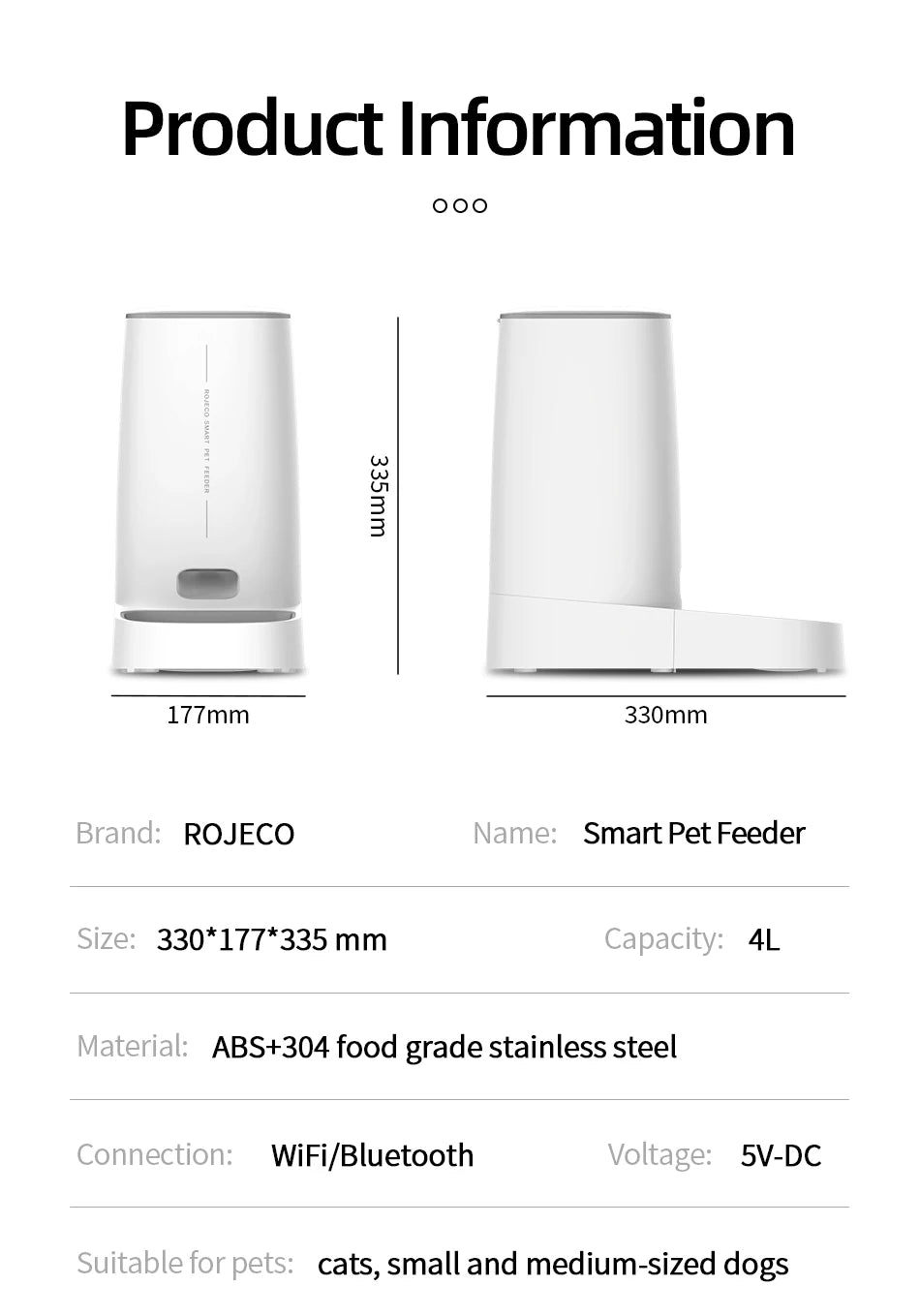 ROJECO Smart WiFi Automatic Cat Feeder – Remote Control Dry Food Dispenser for Cats & Dogs