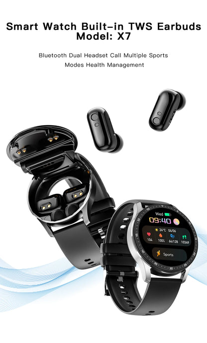 X7 2-in-1 Smart Watch with Earbuds, TWS Bluetooth Earphones, Heart Rate & Blood Pressure Monitor, Fitness Sport Watch