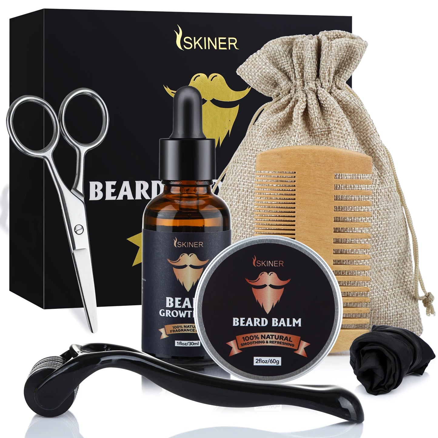 Beard Growth Kit for Men - Essential Oil, Moisturizing Wax, Growth Roller, Comb, and Styling Scissors for Beard Care