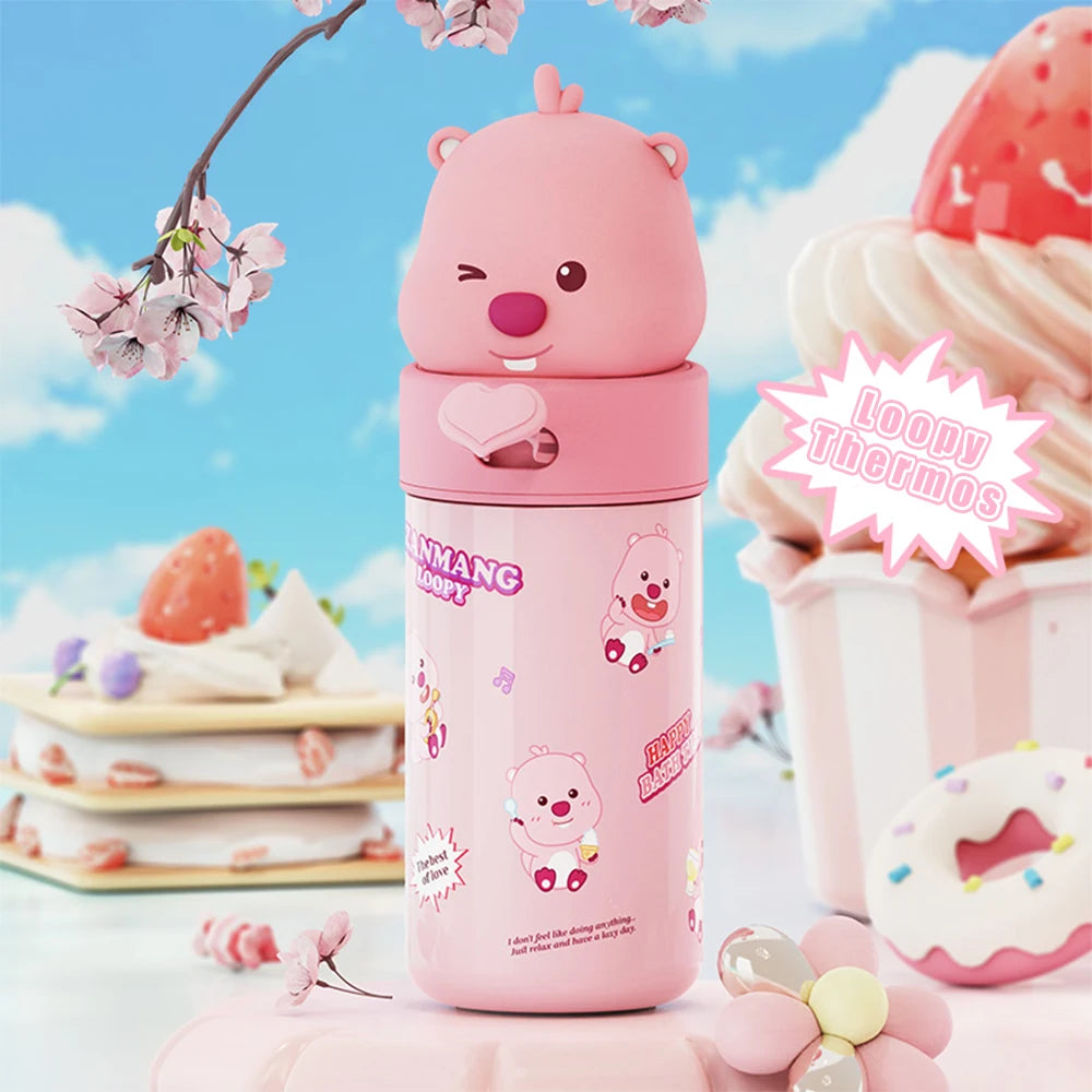 350ML Kawaii Loopy Stainless Steel Thermos – Cartoon Beaver Vacuum Flask for Kids and Girls