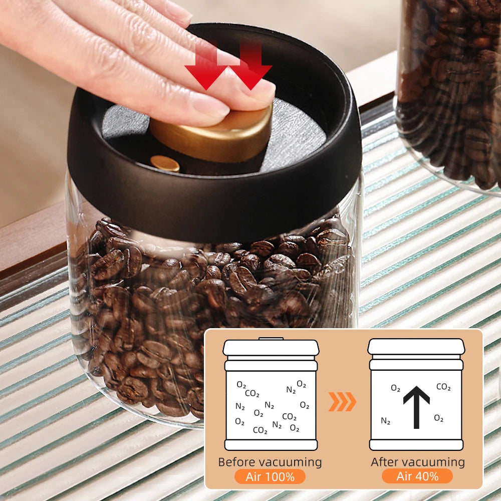 Vacuum Sealed Coffee Bean Storage Jar - Glass Food & Tea Fresh Storage Bottle for Kitchen