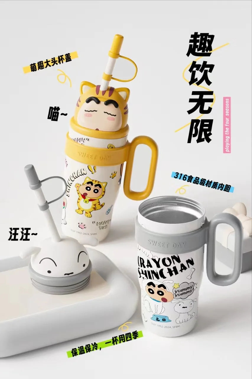800ML Crayon Shin-Chan Stainless Steel Thermos Cup – Large Capacity with Handle & Straw for Kids
