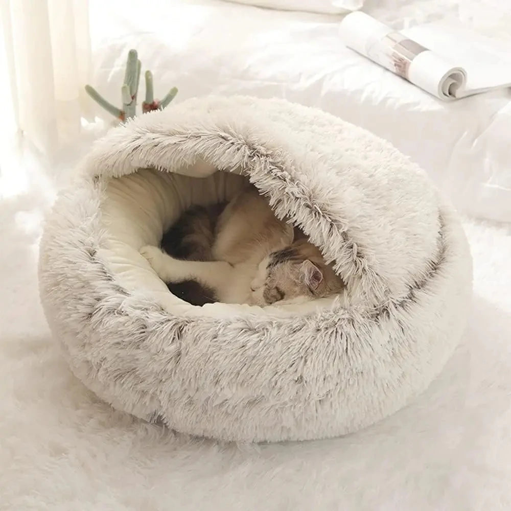 Plush Hooded Pet Bed – 2-in-1 Fluffy Sleeping Nest for Cats & Small Dogs