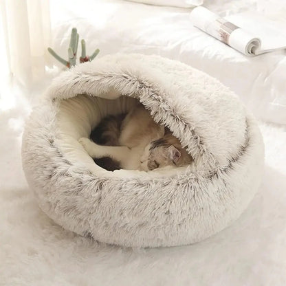 Plush Hooded Pet Bed – 2-in-1 Fluffy Sleeping Nest for Cats & Small Dogs