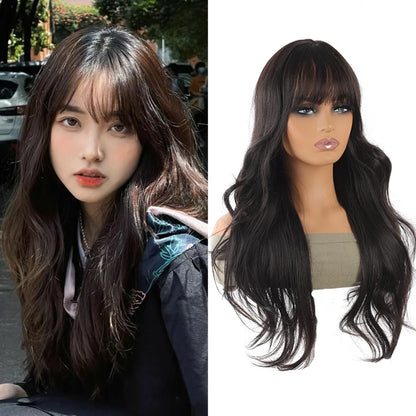 Synthetic Linen Long Straight Hair Wig with Bangs & Curly Ponytail Extensions