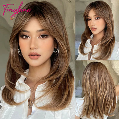 Heat-Resistant Brown Ombre Synthetic Wig with Bangs & Layers for Women