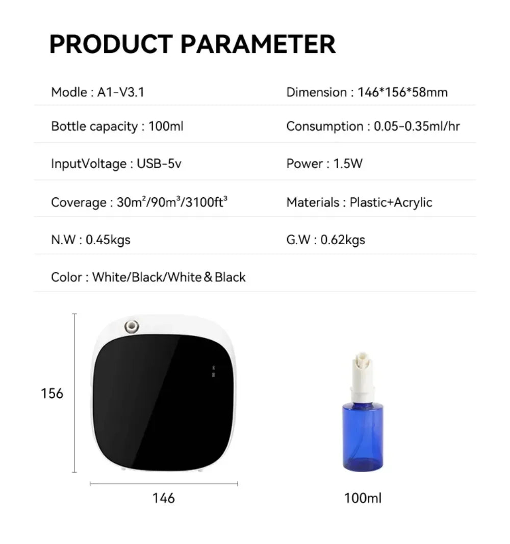 Smart Fragrance Oil Diffuser, App-Controlled, 100ML Battery Operated Air Freshener for Home & Office