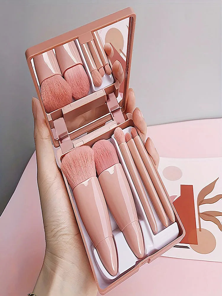 5Pcs Portable Foldable Makeup Brush Set with Mirror - Travel Kit