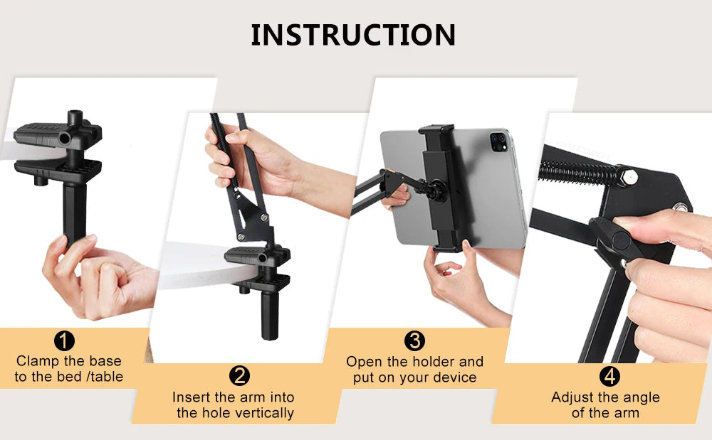 Tablet Stand Holder for Bed - Adjustable Rotatable Long Arm Mount for 4-12.9" iPad Pro, Samsung Tab, Xiaomi Pad